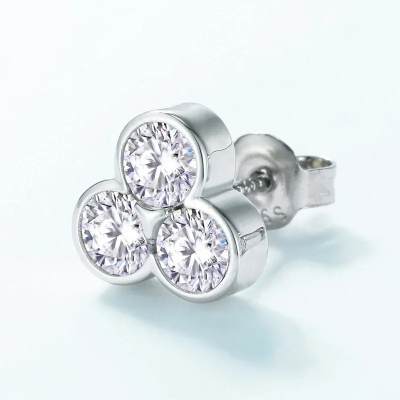 JewelyKing S925 Sterling Silver D Color VVS1 Moissanite Three Stone Cluster Bezel Set Stud Earrings JKES0016