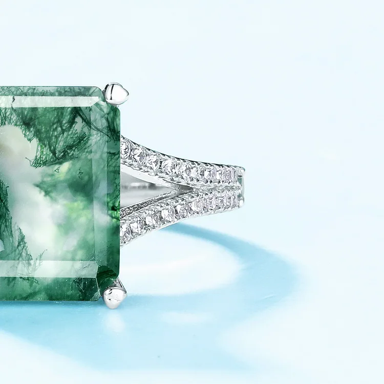 JewelyKing S925 Sterling Silver Emerald Cut Moss Agate Engagement Ring  JKRS0206