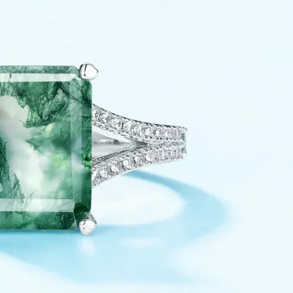 JewelyKing S925 Sterling Silver Emerald Cut Moss Agate Engagement Ring  JKRS0206