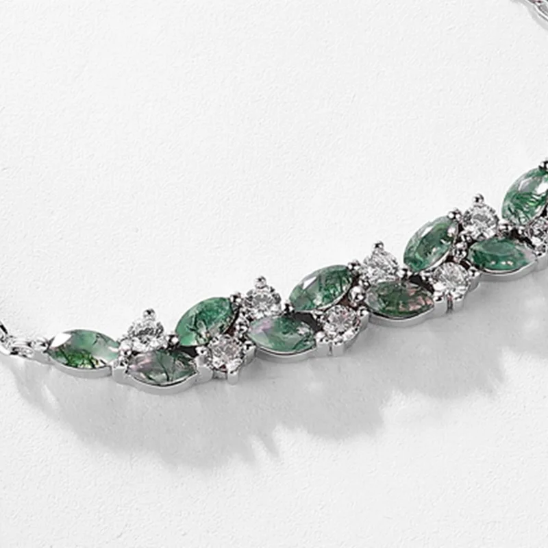 JewelyKing S925 Sterling Silver Marquise Cut Moss Agate Moissanite Accent Smile Bar Necklace JKNS0023