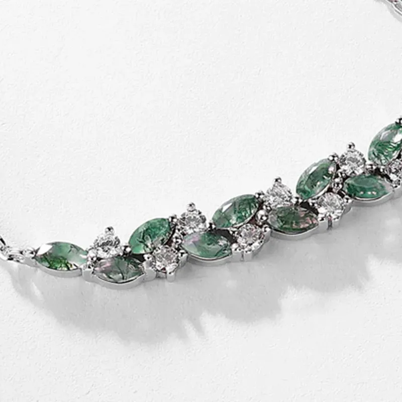 JewelyKing S925 Sterling Silver Marquise Cut Moss Agate Moissanite Accent Smile Bar Necklace JKNS0023
