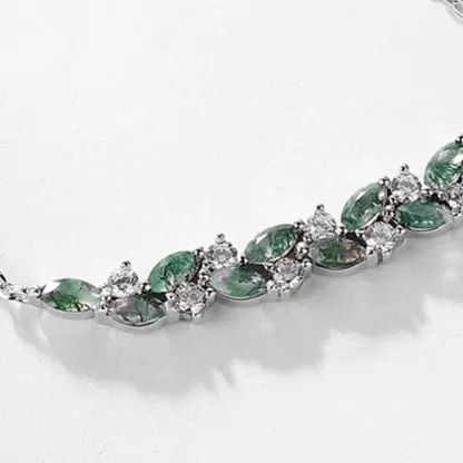 JewelyKing S925 Sterling Silver Marquise Cut Moss Agate Moissanite Accent Smile Bar Necklace JKNS0023