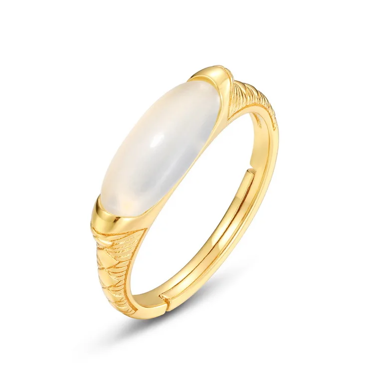 JewelyKing Long Oval Flat Smooth Natural White Jade Irregular Ancient Style Gold Plated Silver Ring JKRS0298