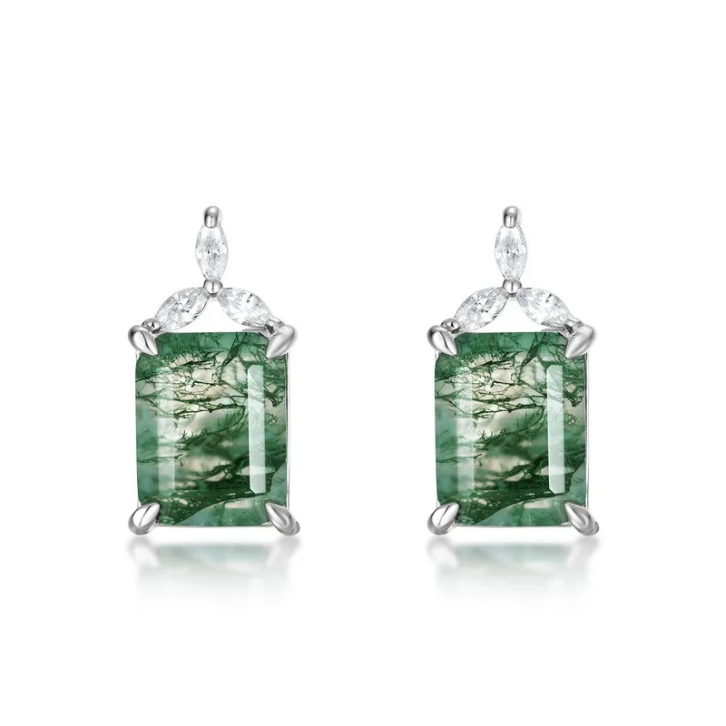Jewelyking S925 Silver Plated White Gold Classic Solitaire Cut Green Moss Agate Gemstone Earrings JKES0096
