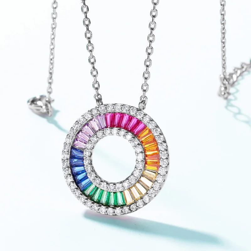 Fashion Design Rainbow Round Circle 925 Sterling Silver Gold Plated Jewelry Women Drop Colorful CZ Necklace Custom