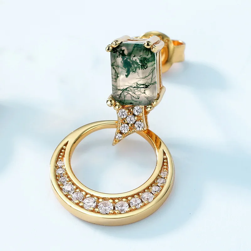 Jewelyking S925 Sterling Silver Gold Plated Natural Green Moss Agate Stud Earrings JKES0067