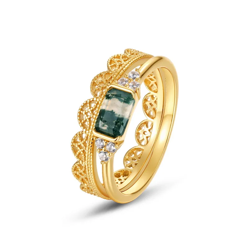 JewelyKing S925 Silver 18K Gold Magnificent Style Baguette Cut Green Moss Agate Stacking Wedding Ring JKRS0154