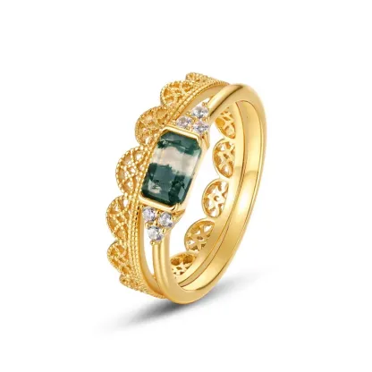 JewelyKing S925 Silver 18K Gold Magnificent Style Baguette Cut Green Moss Agate Stacking Wedding Ring JKRS0154