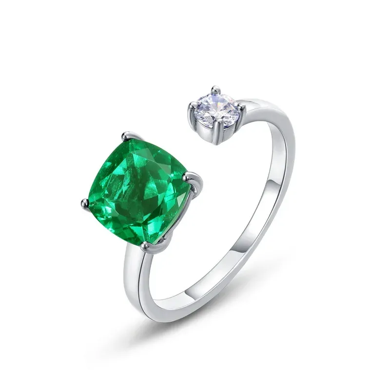 High Quality 925 Sterling Silver Green Gemstone Adjustable Ring Luxury Lab Grown Emeralds Openning Finger Ring for Women
