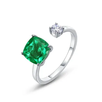 High Quality 925 Sterling Silver Green Gemstone Adjustable Ring Luxury Lab Grown Emeralds Openning Finger Ring for Women