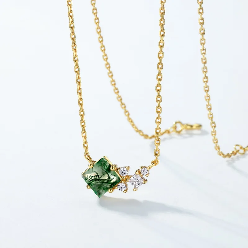 Jewelyking S925 Silver Kite Natural Moss Agate 18K Gold Plated Halo CZ Pendant Necklace JKNS0106