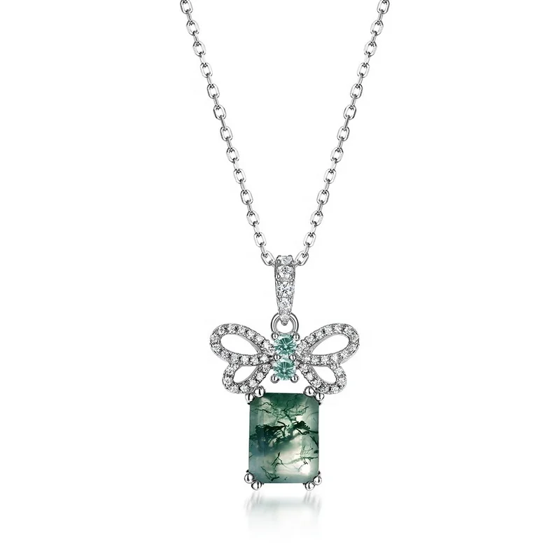 Jewelyking Rectangle Green Gemstone Pendant Dainty Zircon Bow Knot and Natural Moss Agate Pendant Necklace JKNS0086