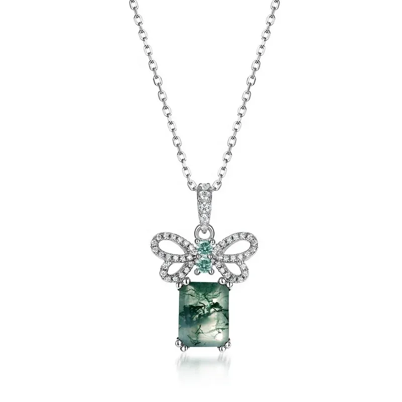 Jewelyking Rectangle Green Gemstone Pendant Dainty Zircon Bow Knot and Natural Moss Agate Pendant Necklace JKNS0086