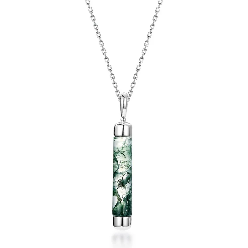 JewelyKing S925 Sterling Silver Natural Green Moss Agate Cylinder Bezel Set Minimalist Bar Necklace JKRS0031