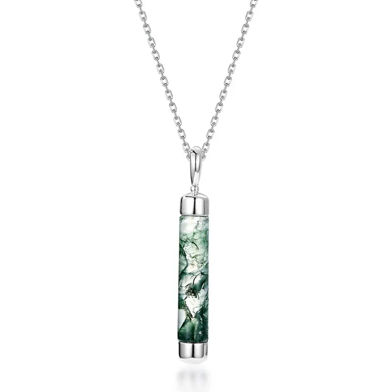 JewelyKing S925 Sterling Silver Natural Green Moss Agate Cylinder Bezel Set Minimalist Bar Necklace JKRS0031