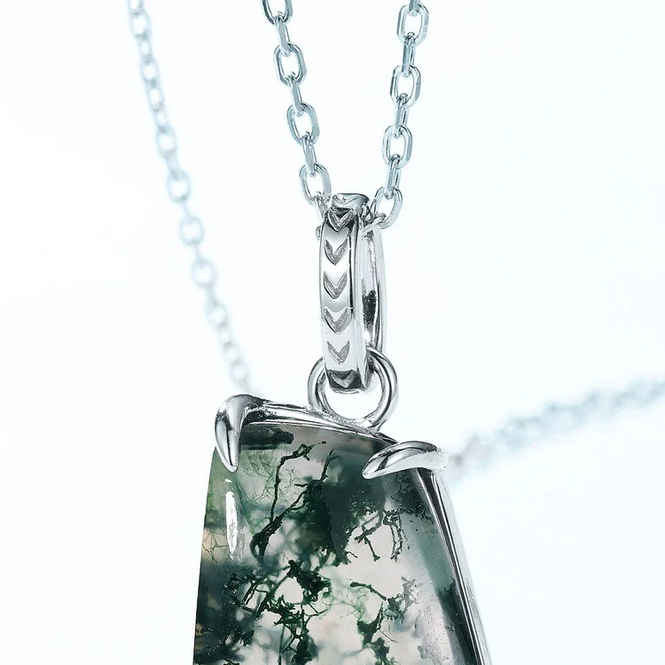 Jewelyking S925 Sterling Silver Dainty Chain Natural Green Moss Agate Pendant JKNS0083