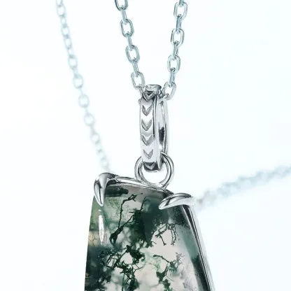 Jewelyking S925 Sterling Silver Dainty Chain Natural Green Moss Agate Pendant JKNS0083
