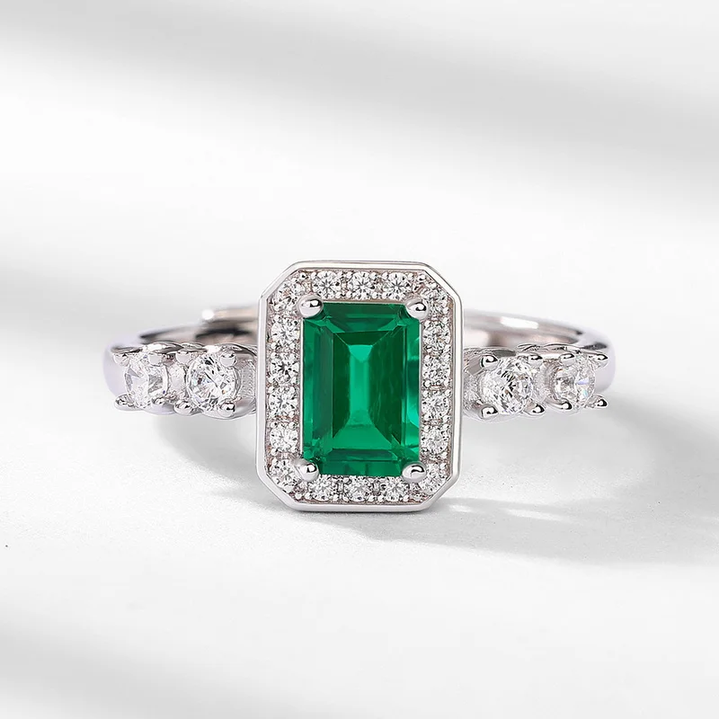 Panyu Custom Lab Created Emerald Square Ring 925 Sterling Silver Colored Gemstones for Modern FIne Ring