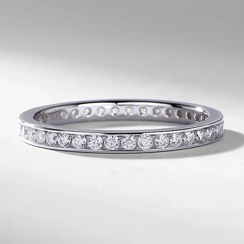 JewelyKing S925 Sterling Silver Moissanite Stackable Full Eternity Channel Set Pave Band Wedding Ring JKRS0016