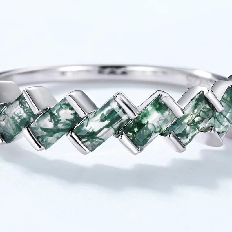 JewelyKing S925 Sterling Silver Wedding Green Moss Agate Engagement Gemstone Ring JKRS0163
