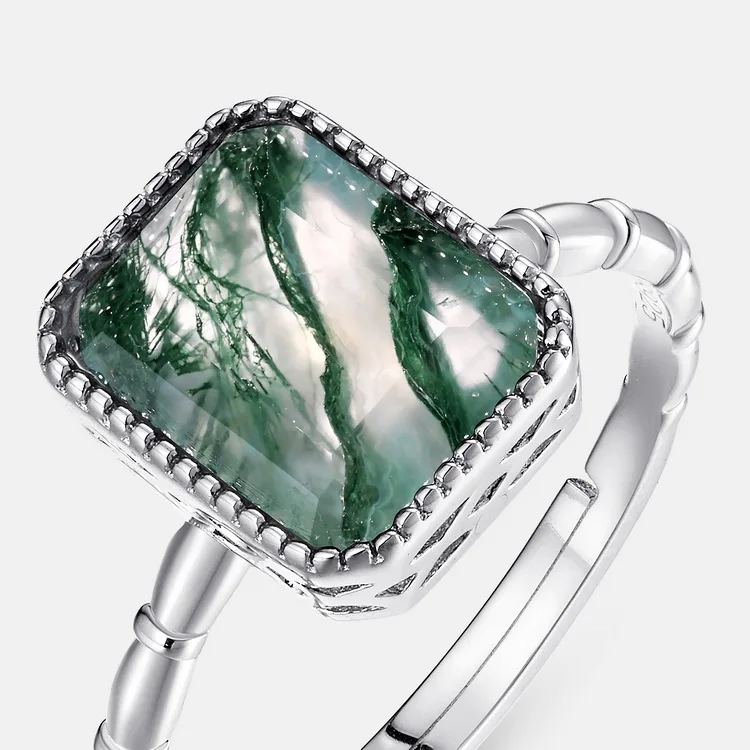 JewelyKing S925 Silver Moss Agate Rectangle Cut Natural Gemstone Adjustable Wedding Ring JKRS0178