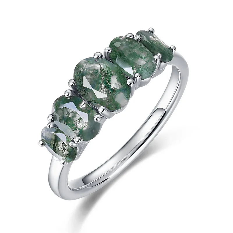 JewelyKing S925 Sterling Silver Oval Green Moss Agate Inlaid Five Stone Unique Personality Ring JKRS0186