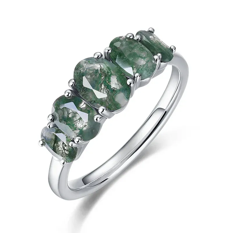 JewelyKing S925 Sterling Silver Oval Green Moss Agate Inlaid Five Stone Unique Personality Ring JKRS0186