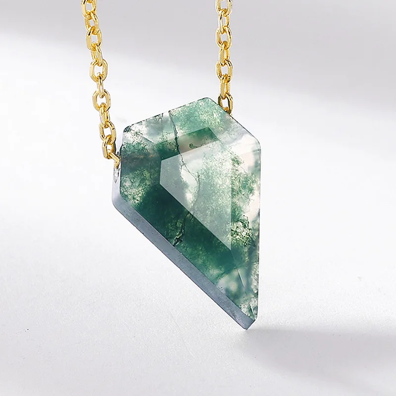 Jewelyking S925 Sterling Silver 18K Gold Dainty Moss Agate Vintage Kite Necklace JKNS0092