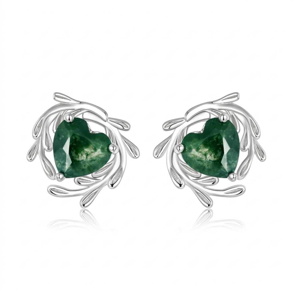 Jewelyking Heart Shaped Green Moss Agate Leaf Flower Rose Gold Silver Unique Vintage Solitaire Wedding Earrings JKES0108