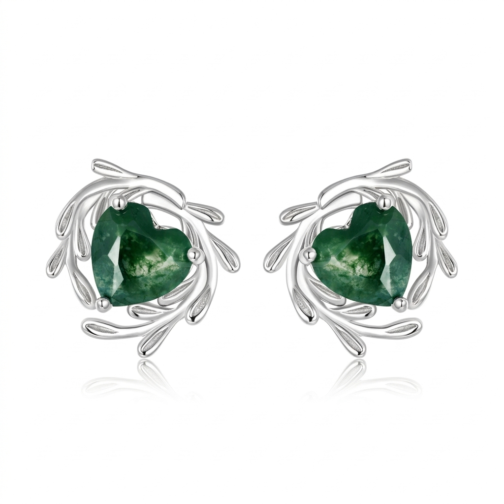 Jewelyking Heart Shaped Green Moss Agate Leaf Flower Rose Gold Silver Unique Vintage Solitaire Wedding Earrings JKES0108