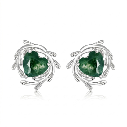 Jewelyking Heart Shaped Green Moss Agate Leaf Flower Rose Gold Silver Unique Vintage Solitaire Wedding Earrings JKES0108