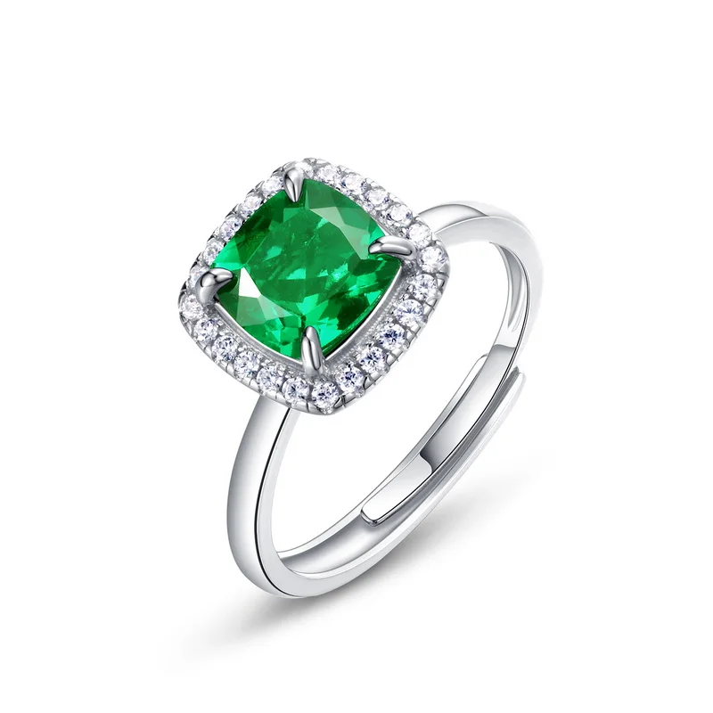 High Quality Jewelry 925 Sterling Silver Emerald Ring Cocktail Square Cut Created Green Emerald Gemstone Ring for Women