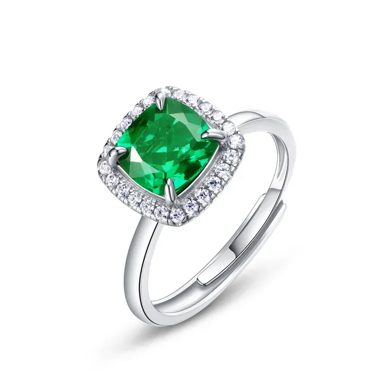 High Quality Jewelry 925 Sterling Silver Emerald Ring Cocktail Square Cut Created Green Emerald Gemstone Ring for Women