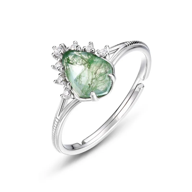 JewelyKing S925 Sterling Silver Gemstone Natural Moss Agate Wedding Engagement Ring JKRS0134
