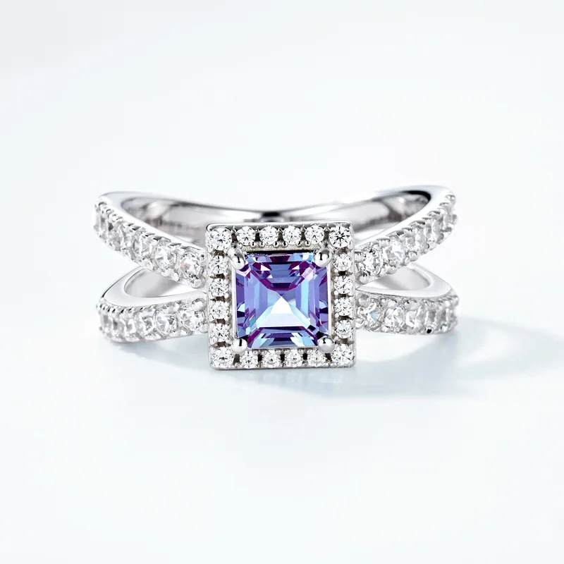 JewelyKing S925 Sterling Silver Cushion Cut Gemstone Lab Grown Alexandrite Ring JKRS0004