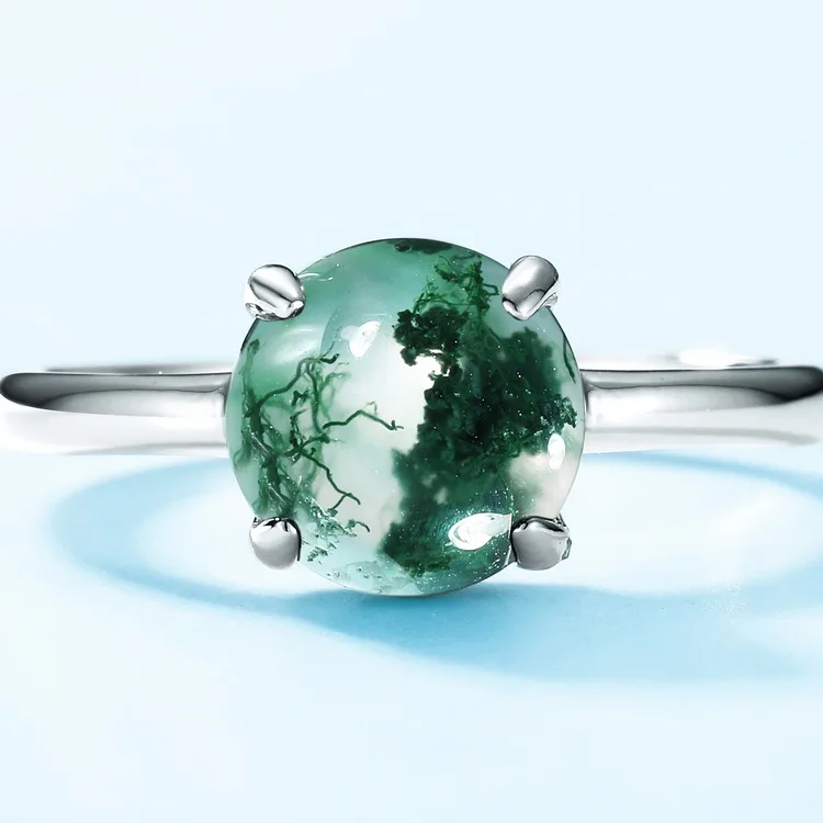JewelyKing S925 Sterling Silver Oval Natural Green Round Shape Moss Agate Gemstone Ring JKRS0141