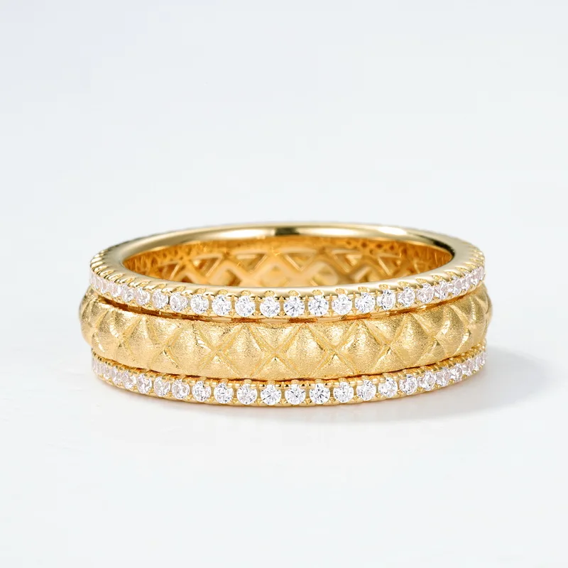 Jewelyking S925 Sterling Silver 14K Gold Plated Sandblasted Zircon Inlay Geometric Hollow Band Ring JKRS0114