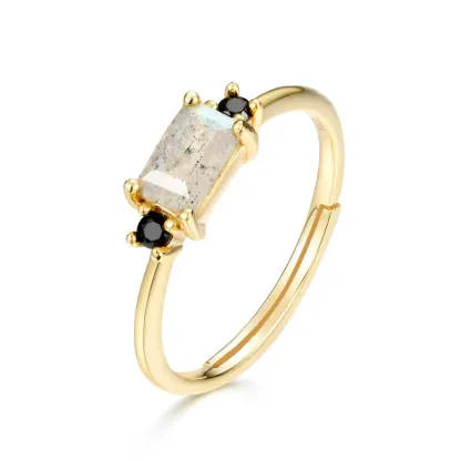 JewelyKing S925 Silver 14k Gold Plated Ring Inlaid Labradorite  Black Zircon Ring JKRS0266