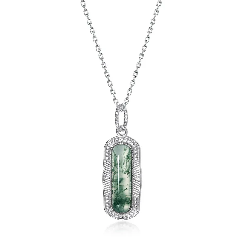 Jewelyking S925 Silver Moss Agate Green Agate Gemstone Jewelry Rhodium Plated  Pendant Necklace JKNS0093