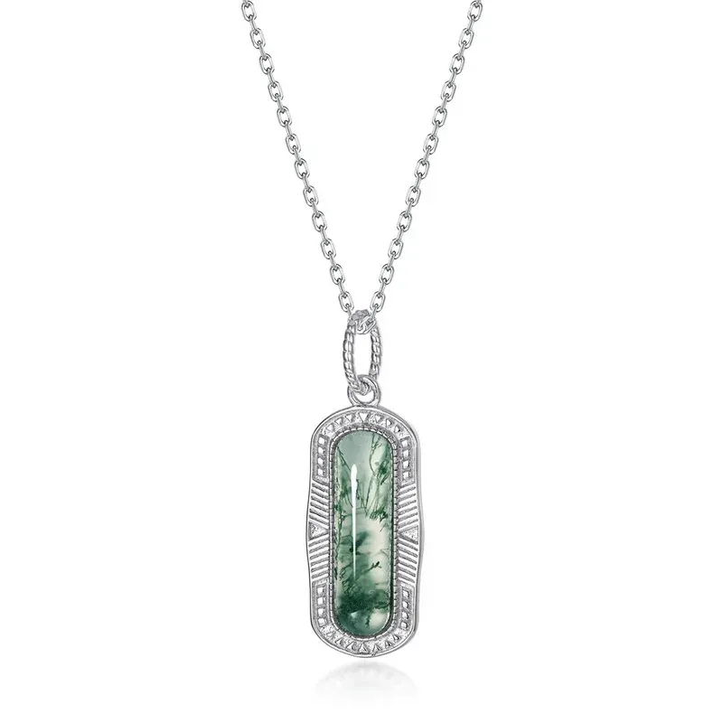 Jewelyking S925 Silver Moss Agate Green Agate Gemstone Jewelry Rhodium Plated Pendant Necklace JKNS0093