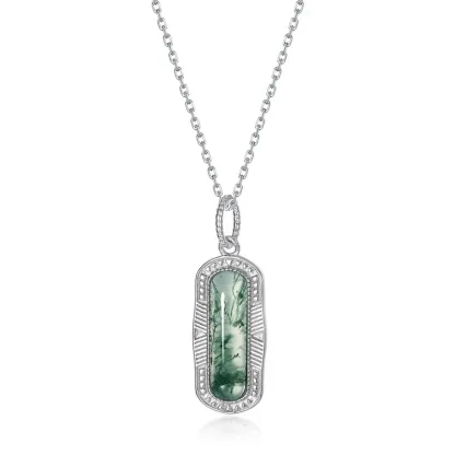 Jewelyking S925 Silver Moss Agate Green Agate Gemstone Jewelry Rhodium Plated  Pendant Necklace JKNS0093