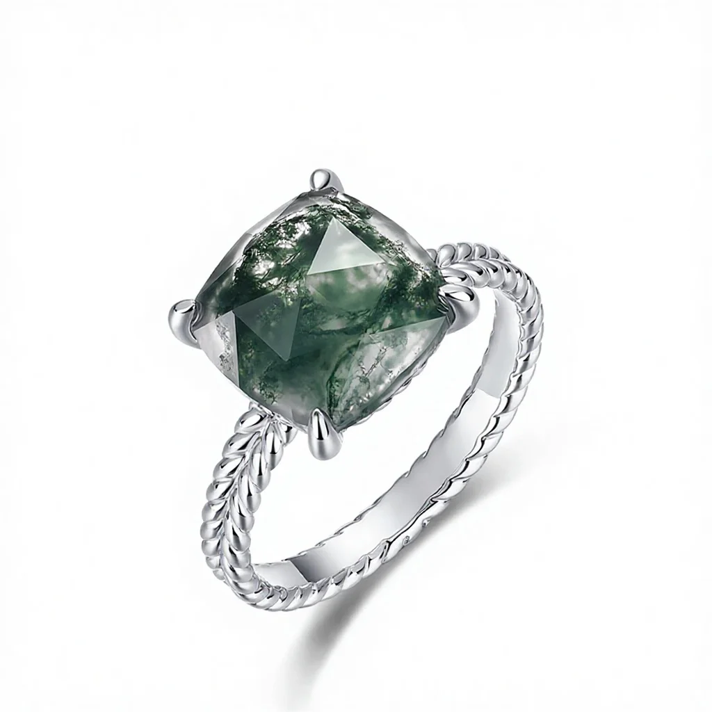 JewelyKing S925 Sterling Silver Moss Agate Square Natural Gemstone Women Engagement Ring JKRS0184