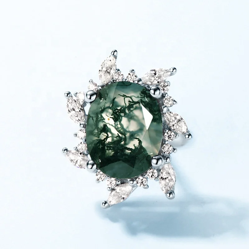 Jewelyking S925 Sterling Silver Trendy Sunflower White Gold Plated Natural Moss Agate and Cubic Zirconia Earrings JKES0100