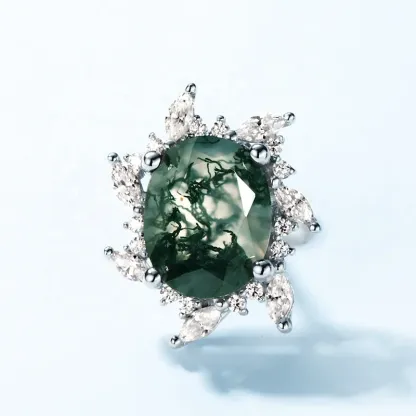 Jewelyking S925 Sterling Silver Trendy Sunflower White Gold Plated Natural Moss Agate and Cubic Zirconia Earrings JKES0100