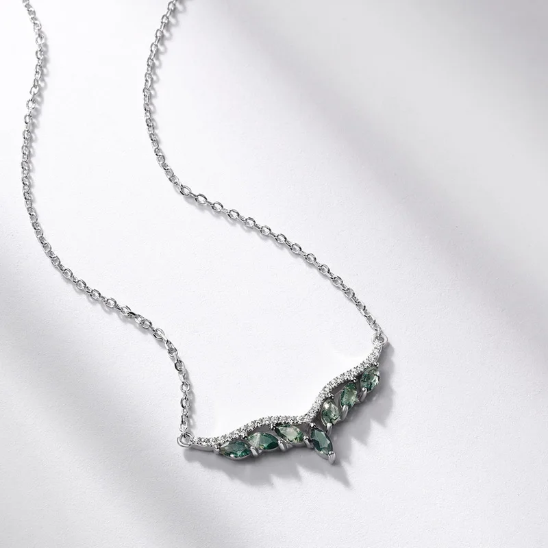 Jewelyking S925 Sterling Silver New Angel Wings Green Moss Agate Necklace Clavicle Chain Natural Gemstone JKNS0115