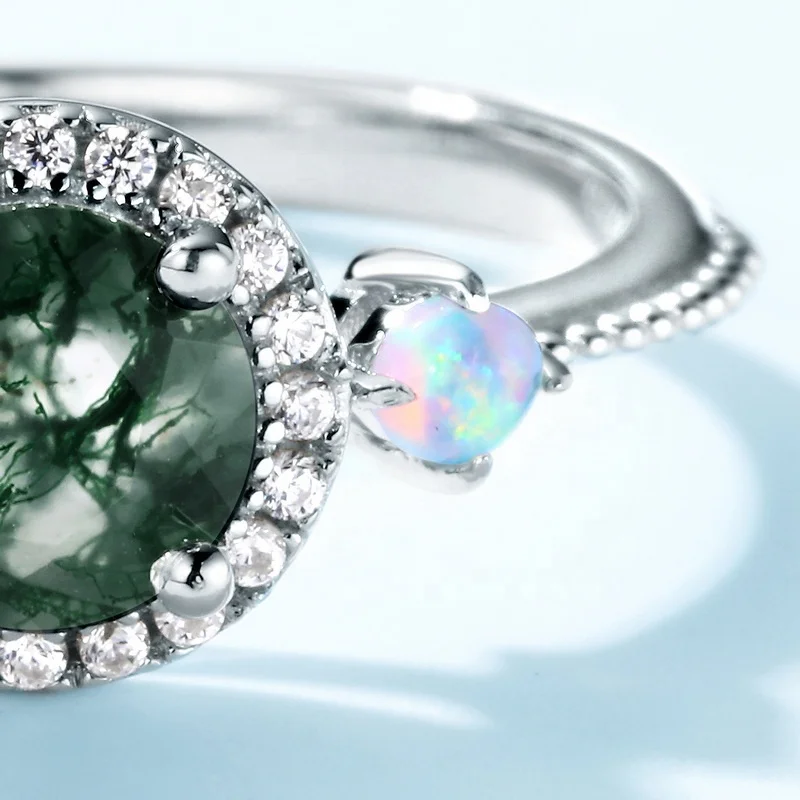 JewelyKing S925 Silver Gemstone Adjustable Shiny Zircon Synthetic Opal Round Shape Green Moss Agate Rings JKRS0234