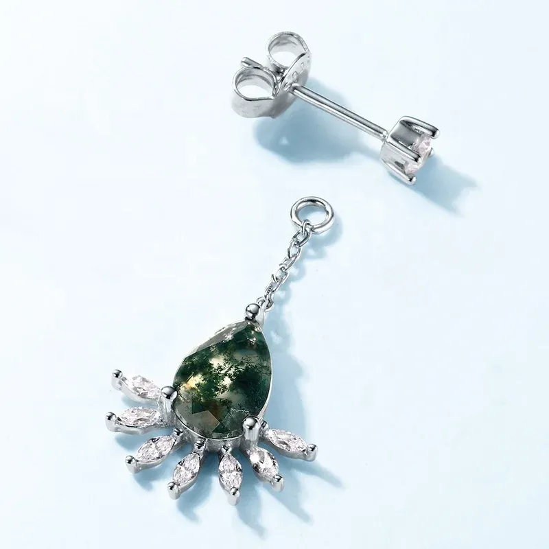 Jewelyking S925 Sterling Silver Bling Zircon Drape Tassel Pear Shape Green Moss Agate Stud Earrings JKES0071