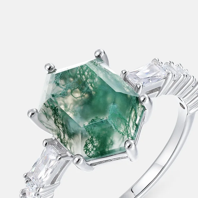 JewelyKing  S925 Sterling Silver Oval Cut Green Agate Natural Moss Agate Engagement Ring JKRS0143