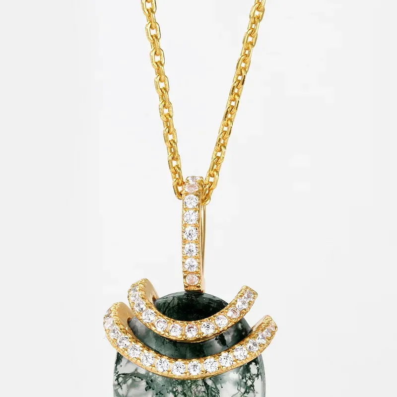 925 Sterling Silver Teardrop Shape Gold Plated Green Moss Agate Pendant Necklace Chain Fashionable for Women