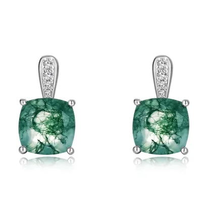 JewelyKing S925 Sterling Silver Green Moss Agate Dangle Earrings JKES0008